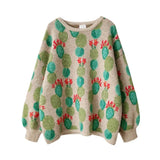 Winter Retro Sweater Loose Green Pullover Knitted Gentle Sweet Outerwear Top Soft Comfortable O-Neck Puff Sleeve