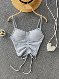 Summer Streetwear Black Soild Corset Top Backless Cami Strap Drawstring Bandage V Neck Crop Top Women 2022 Pink Tops