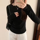 Round Collar Solid Color Elastic Long-Sleeved T-Shirt Women's Autumn And Winter New Basic Inner Bottom Top-Outfit