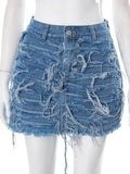 Women's Denim Skirt Do Old Solid Color Burrs Tassel Slim High Waist Short A-line Mini Skirt 2024 Summer New Fashion 29L2618-Outfit