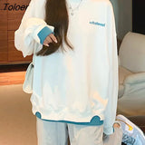 Harajuku Autumn M-XXL Size Loose Korean Hoodies Women Letter Patchwork Fake Two Piece Blue White Top Female