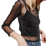 Mesh Long Sleeve T Shirt Women 2018 Summer Transparent Club Party Black Tee Shirts Cutely Thin O Neck Short
