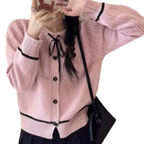 Spring Style Round Neck Soft Style Sweater Jacket Female Bow Tie Knitted Sweater Retro French Blouse-Outfit