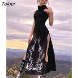 Gothic Print Midi Dress For Women Summer Turtleneck Dark Academia Fashion Long Dress Harajuku Sleeveless Black