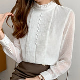 White Elegant Blouse Autumn Pleated Ruffle Blouse Women Top Long Sleeve Lace Chiffon Shirt Office Lady Blusas Mujer