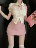 Style Hot Girls Summer Suit Striped Short-Sleeved Blouse Thin Pink Strap Short Skirt Two-Piece Set-Outfit