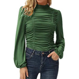 New T Shirt Women Clothing Solid Stand Neck Long Sleeve Plus Size Fashion Ruched Chic Tops Ladies Casual Slim Tee
