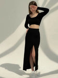 Winter Graceful Knitted Dress 2 Pieces Set Long Sleeve Cropped Sweater+Slit Skirt Suits Female Sexy Soft Pullover
