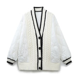 And Winter New Tricolor Knitted Spliced V-Collar Loose Version Cotton Jacket-Outfit