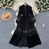 Dress Women's French Retro Fashion Collar Pearl Single Buckle Lace Splicing Velvet Swoon Long