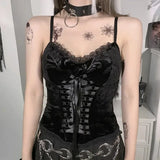 Black Lace Trim Emo Alternative Aesthetic Crop Tops Y2K Mall Goth Crop Tops Women Backless Sexy Strap Tanks gothic tops-Outfit