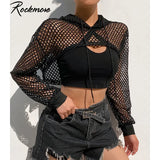 Rockmore Sexy Black Mesh Fishnet Top Women's Tshirt See Through Smock Long Sleeve T-shirts Cropped Top Tee Shirt Streetwear