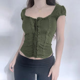 Early Summer New Square Collar Slim To Show Thin Split Line Fashion Tie Vintage Short-Sleeved T-Shirt Woman-Outfit