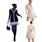 Bow Tied With Lot Of Leaves Side Of The Knitted Dress Pearl Buckle Long-Sleeved Little Scented Style