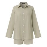 Celmia Loose Summer 2 PCS Sets Cotton Casual Lightweight Lapel Long Sleeve Shirt and Pleats Elastic Waist Short Suits Short