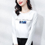 printing Women's silk shirts Spring Autumn Basic bottoming shirts Casual Tshirt Ladies o-neck Long Sleeve Tee