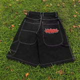 Trend Hip-Hop Wide-Legged Denim Shorts Men's High Street Tide Board Skateboard Junior Casual Shorts-Outfit
