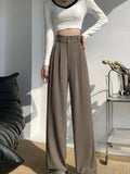 Waist Wide Leg Pants for Women New Loose Straight Coffee Trousers Autumn Double Buttons Casual Suit Pants Female-Outfit