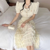 Temperament Elegant Summer 2 Pieces Set Single-Breasted Square Collar Puff Sleeve Blouses+Elastic Waist Ruffles Cake Skirt