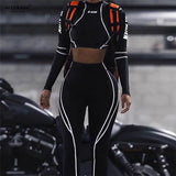 Fitness Sport Two Pieces Set Letter Print Turtleneck Top Leggings Striped Patchwork Fashion 2020 tops 2 Pcs