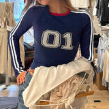 Leisure Digital Printed T-Shirt Hot Girls Sexy Tight Short Style Hit Color Round-Neck Long-Sleeved Blouse-Outfit