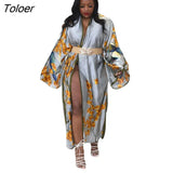 New Fashion Floral Print Long Sleeve Loose Long Outwear Cardigans Street Women Clothing Casual Silk Open Stitch