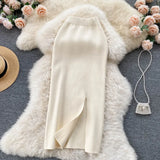 Solid Color Skirt Winter With Sweater High Waist Thin Temperament Open Elastic Knitted Hip Long