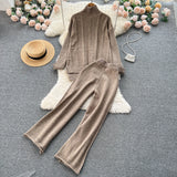 Women Casual Turtleneck Knit Two Pieces Suits Irregular Sweater+Rolled Wide Leg Midi Long Pant Solid Winter Warm