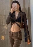 Black Mesh Long Sleeves Crossed Crop