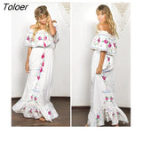 Boho Women Elegant Embroidered Lace Maxi Dress Off the Shoulder Sexy Slash Neck Casual Beach Summer Dress Female