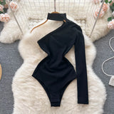 Halter Off Should Sexy Jumpsuits Long Sleeve Hollow Out Elastic Waist 2022 Female Slim Solid Autumn Short
