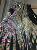 Women Tops Sequin Print Tees Round Neck Half Sleeve Loose Casual Regular Splice T Shirts Simple Hot Drilling Mid Length Top-Outfit