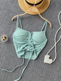 Summer Streetwear Black Soild Corset Top Backless Cami Strap Drawstring Bandage V Neck Crop Top Women 2022 Pink Tops