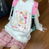 QWEEK Anime Hoodie Women Harajuku Manga Sweatshirt Ladies Kawaii Long Sleeve Pullover Korean Fashion Soft Girl Gamer Black