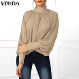 Sexy Women Blouse Long Lantern Sleeve V Neck Shirt Office Ladies Top 2021 Spring Casual Loose Polyester