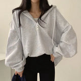 V-Neck Solid Color Oversized Hoodie-Outfit