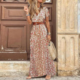 Boho Long Dress for Women V Neck Short Sleeve Paisley Print Belt Large Hem Beach Long Dress Elegant Women's Dress