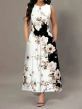 And Summer Explosion Print Slings Large-Size Dress Flower Pocket Necking A-Character Dress Women's