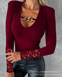 Neck Women Solid Sexy Slim Fit Full Sleeve Tops Thin Splice Simple Regular T Shirts Casual Ladies Autumn Winter 2023-Outfit