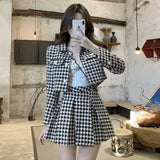 Elegant Matching Set Vintage Tweed Short Plaid Jacket Long Sleeve Coat+Slim Mini Houndstooth Pleated Skirt Two Piece