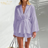 Fashion Long Sleeve Robes Top Two Piece Sets Womens Outifits Autumn Casual White Home Suit Elegant Shorts Women'S