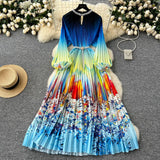 Elegant Dress Women Fashion Nail Ball Collar Hollow Pressure Folding Lantern Sleeves To Print Long