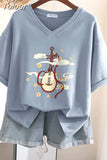100% Cotton M-6XL T Shirt Chinese Lute Print Tshirt Short Sleeve Women's Top Summer Couple V Neck Oversized T