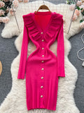 Winter Ruffles Design Knitted Dress V Neck Button Sheath Sweater Dress Fashion Long Sleeve Solid Midi Long