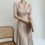 Women Elegant Waist Belt Solid Ankle-Length Dress Office Lady Puff Sleeve Pleated Dress 2021