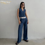 Fashoin Blue Office Two Piece Sets Women Outifits Elegant Sleeveless Crop Top With High Wasit Patchwork Pants Set