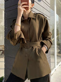 Women Brown Stitch Big Size Trench New Lapel Long Sleeve Loose Fit Windbreaker Fashion Tide Spring Autumn 2023