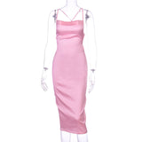 2020 Satin Sleeveless Cross Lace Up Backless Sexy Mid-Calf Dress Women Spaghetti Strap Dresses Club Party Outfits