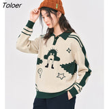 Women Sweaters 2022 Winter Long Sleeves Polo Neck with Buttons Knitted Pullover Graphic Print Vintage Casual Chic