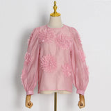Loose Patchwork Floral Shirt For Women Round Neck Lantern Sleeve Solid Blouses Female Spring Clothes Style New